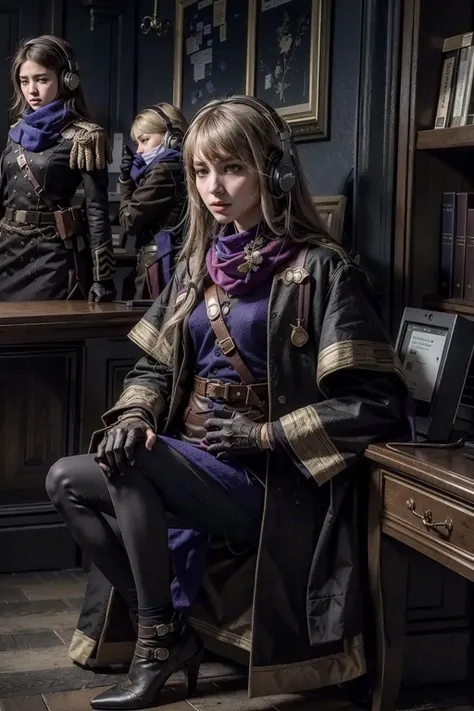 (realistic:1.3), finely detailed, quality, rembrandt lighting, (maserpiece:1.2), (photorealistic:1.2), (best quality), (detailed skin:1.3), (intricate details), dramatic, ray tracing, 1girl, 21 years old, origin, headphones,blue scarf, black gloves, pantyhose,black coat, crouching, full body, (dark military office), <lora:bkornblume-pynoise:1>