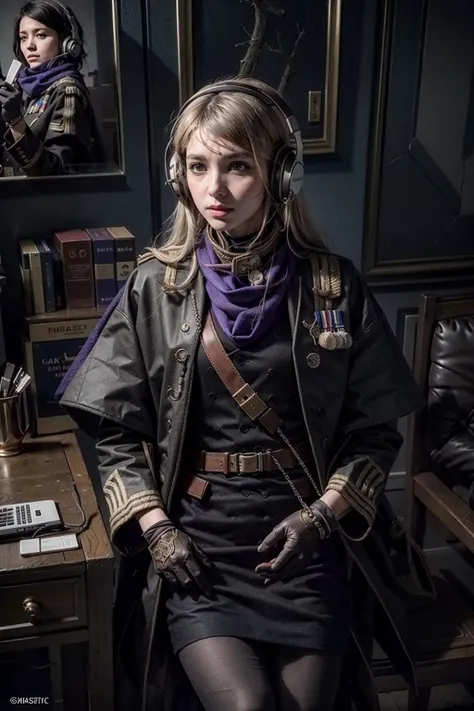(realistic:1.3), finely detailed, quality, rembrandt lighting, (maserpiece:1.2), (photorealistic:1.2), (best quality), (detailed skin:1.3), (intricate details), dramatic, ray tracing, 1girl, 21 years old, origin, headphones,blue scarf, black gloves, pantyhose,black coat, sitting, (dark military office), <lora:bkornblume-pynoise:1>