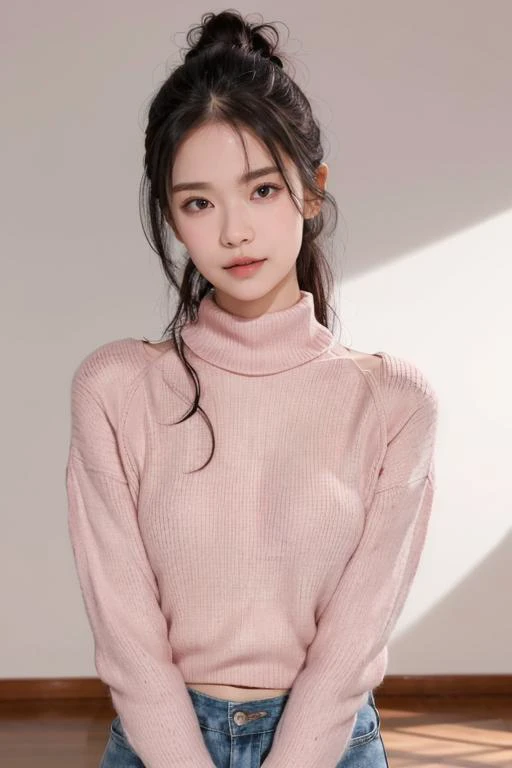 (best quality, lifelike), loose close-up shot, upper body, raw photo of a skinny woman posing in the middle of an empty room and wearing a pink knit sweater, turtleneck, <lora:mao_imazumi:1:0.8:lbw=KFACE> photostudio, dim lighting, <lora:picxer_real:0.7> <lora:BlackBackground_1.0:0.75> black background