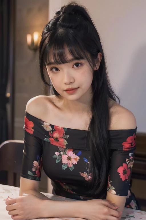 (best quality, lifelike), loose close-up shot, upper body, raw photo of a skinny woman posing, off shoulder, floral print, black dress, <lora:mao_imazumi:0.8> blunt bangs, long hair, dim lighting, <lora:picxer_real:0.7> <lora:epicwang_lora:0.75>