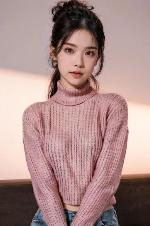 (best quality, lifelike), loose close-up shot, upper body, raw photo of a skinny woman posing in the middle of an empty room and wearing a pink knit sweater, turtleneck, <lora:mao_imazumi:0.8> photostudio, dim lighting, <lora:picxer_real:0.7> <lora:BlackBackground_1.0:0.75> black background,