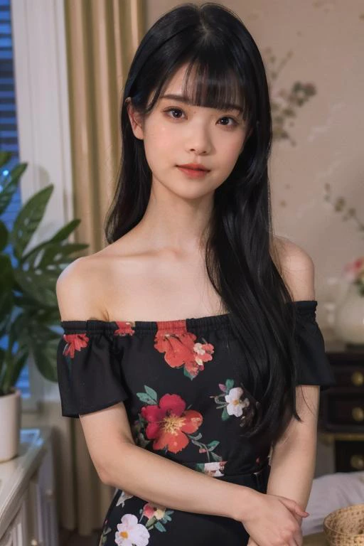 (best quality, lifelike), loose close-up shot, upper body, raw photo of a skinny woman posing, off shoulder, floral print, black dress, <lora:mao_imazumi:0.8> blunt bangs, long hair, dim lighting, <lora:picxer_real:0.7> <lora:epicwang_lora:0.75>