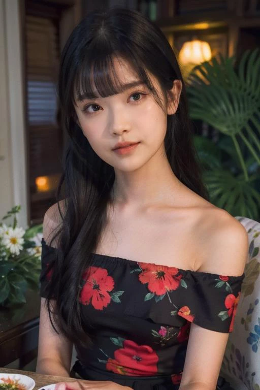 (best quality, lifelike), loose close-up shot, upper body, raw photo of a skinny woman posing, off shoulder, floral print, black dress, <lora:mao_imazumi:0.8> blunt bangs, long hair, dim lighting, <lora:picxer_real:0.7> <lora:epicwang_lora:0.75>