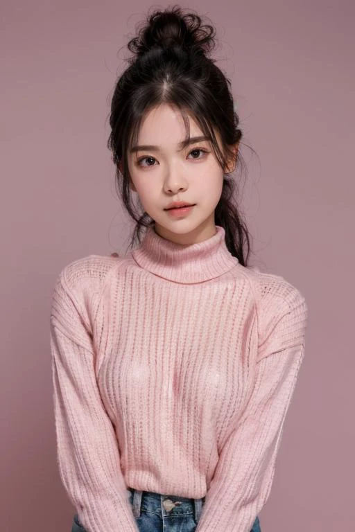 (best quality, lifelike), loose close-up shot, upper body, raw photo of a skinny woman posing in the middle of an empty room and wearing a pink knit sweater, turtleneck, <lora:mao_imazumi:0.8> photostudio, dim lighting, <lora:picxer_real:0.7> <lora:BlackBackground_1.0:0.75> black background,