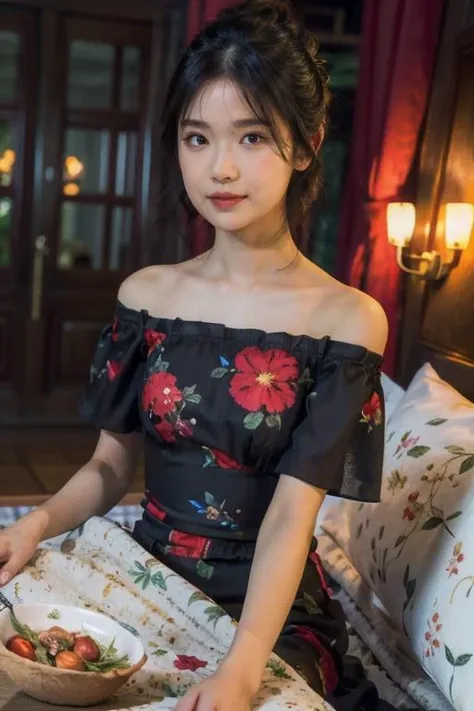 (best quality, lifelike), loose close-up shot, upper body, raw photo of a skinny woman posing, off shoulder, floral print, black dress, <lora:mao_imazumi:0.8> dim lighting, <lora:picxer_real:0.7> <lora:epicwang_lora:0.75>