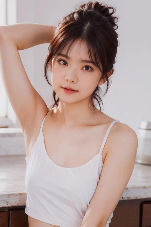 (best quality, lifelike), loose close-up shot, upper body, raw photo of a skinny woman posing, white top, arms behind head, <lora:mao_imazumi:0.8> near the coast, dim lighting, <lora:picxer_real:0.7> <lora:KODA GOLD200:0.75>