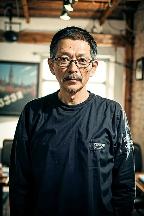 best quality, ultra high res, (photorealistic:1.4), masterpiece, blurry background,indoors,1boy,50 years old,standing ,(looking at viewer), black shirt, <lora:luojingmin_20230630141413:0.8>