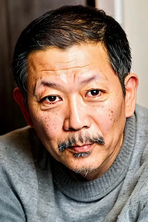 best quality, masterpiece,  Asian men,mole, solo, lips, grey_background, mole_under_eye, realistic, upper_body, looking_at_viewer, black_hair, brown_eyes, sweater, forehead, nose, turtleneck, old man, 65 yeas old, <lora:luojingmin_20230630141413:0.8>