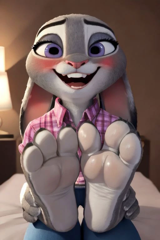 ((three toes)),
((photo real)), detailed, masterpiece, cute, dynamic lighting,
judy hopps, female, full body, two ears,
pink plaid shirt, blue jeans,
(looking at viewer), shy, smiling, ((blushing)), asking a question, (excited), nervous, ((laughing)),
dark bedroom at night, red bed, sitting on bed, ((legs crossed)).
(((foot focus))), detailed soles, cute foot paws, toe wiggle,
first person human with two hands, foot tickle, foot touch,