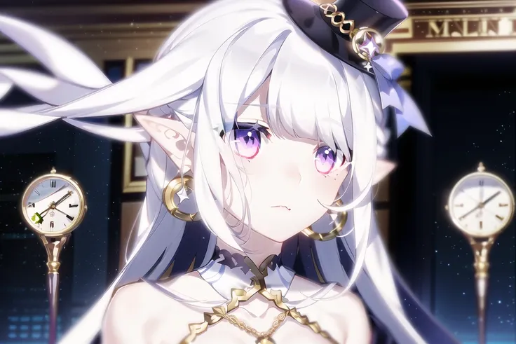 1girl,highres, high quality, masterpiece, purple eyes,tiny hat, long hair, white hair,dynamic angle,delicate eyes, (depth of field),dynamic pose, dynamic light, purple flowers, clock ,star \(sky\),pointy ears, floating hair,