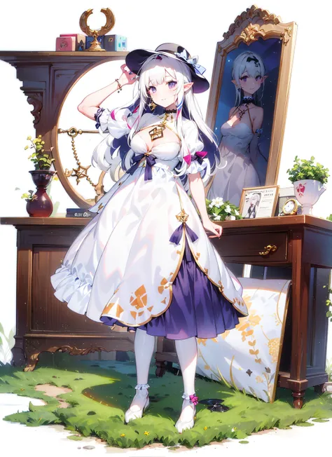 masterpiece, best quality,
1girl, full body, wmile,   long_hair, solo,purple eyes, white_hair,breats, tiny hat,   dynamic angle, pointy ears, grass ,ruins,  moon, star,clock,white legwear,  white footwear, white background, [(white background:1.5)::5], hexagon, 1 girl, mid shot, full body,