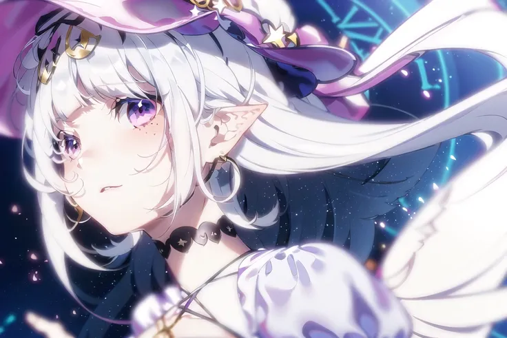 1girl,highres, high quality, masterpiece, purple eyes,tiny hat, long hair, white hair,dynamic angle,delicate eyes, (depth of field),dynamic pose, dynamic light, purple flowers, clock ,star \(sky\),pointy ears, floating hair,