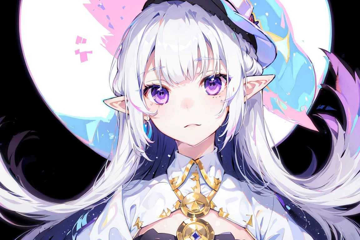 masterpiece, best quality,
1girl, uppper body, long_hair, looking_at_viewer, solo,purple eyes, white_hair,breats, hat, dynamic angle, pointy ears,