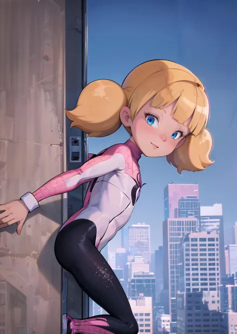 Spiderverse Style, <lora:Spiderverse:0.8>, penny, highly detailed, bodysuit, (white and pink) theme, spider web print, chromatic aberration, looking at viewer, (smile:0.6), <lora:Penny:0.7> blonde, twintails, blue eyes, (climbing building), ropes, from the side, sky, skyscraper in background, big depth of field, motion blur, Masterpiece, trending on artstation, Vivid colors,