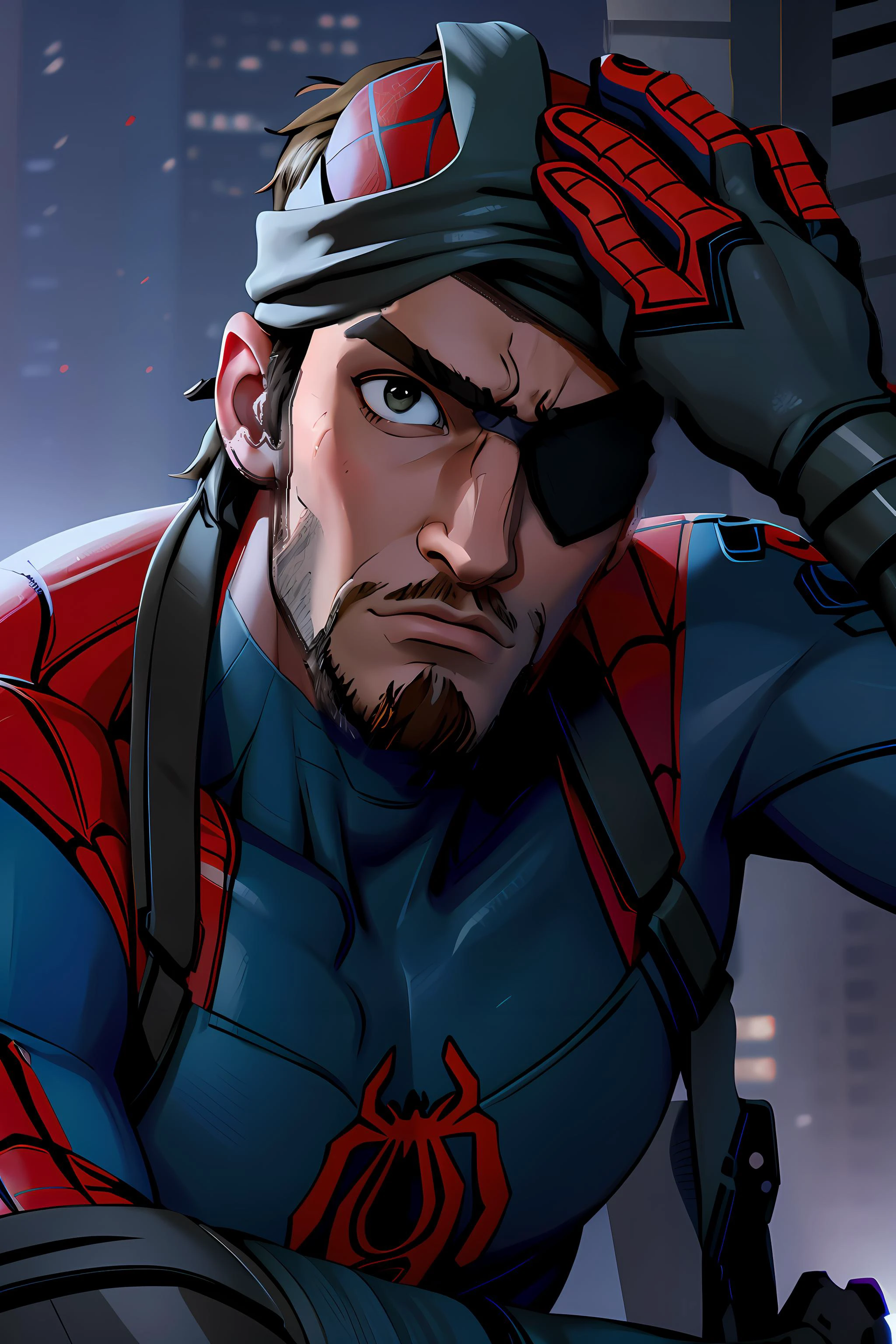Arcane style, Cartoon style, Spiderverse Style photo of solid snake, <lora:solidsnake-nvwls-v3:1>, highly detailed,bodysuit, looking at viewer, <lora:Spiderverse:0.8> (pulling spiderman mask up), (wearing eyepatch), facial hair, carrying rifle, blue bodysuit, city, (close up:1.21, upper body), big depth of field, Masterpiece, trending on artstation, Vivid colors, dramatic