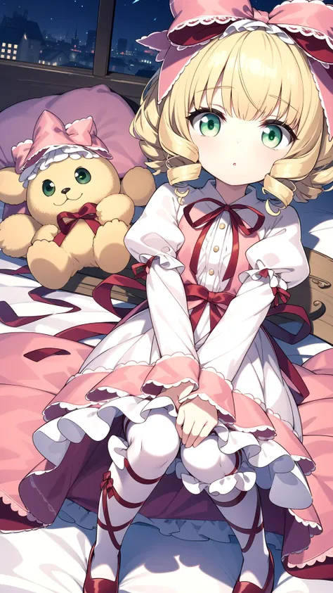 From above, (Night dark:1.2), Blonde, Green eyes, masterpiece, best quality, <lyco:hina ichigo:0.8>, hina ichigo, Pink dress, White dress layer, (Bloomers:0.6)
