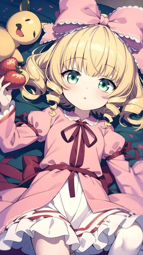 From above, (Night dark:1.2), Blonde, Green eyes, masterpiece, best quality, <lyco:hina ichigo:0.8>, hina ichigo, Pink dress, White dress layer, (Bloomers:0.6)