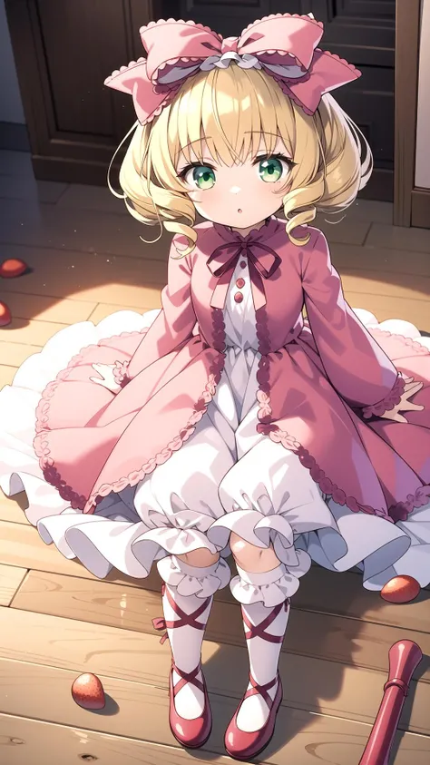 Room, Blonde, Green eyes, masterpiece, best quality, <lyco:hina ichigo:0.8>, hina ichigo, Pink dress, White dress layer, (Bloomers:0.6)