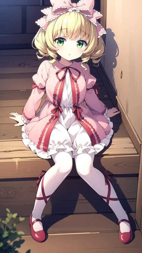 Room, Blonde, Green eyes, masterpiece, best quality, <lyco:hina ichigo:0.8>, hina ichigo, Pink dress, White dress layer, (Bloomers:0.6)