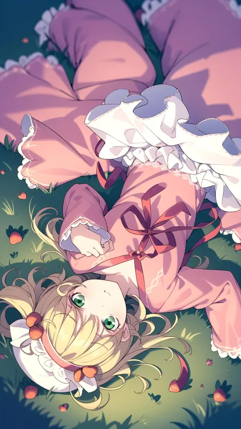 From above, (Night dark:1.2), Blonde, Green eyes, masterpiece, best quality, <lyco:hina ichigo:0.8>, hina ichigo, Pink dress, White dress layer, (Bloomers:0.6)
