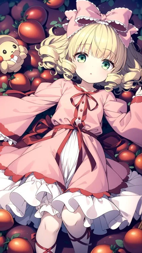 From above, (Night dark:1.2), Blonde, Green eyes, masterpiece, best quality, <lyco:hina ichigo:0.8>, hina ichigo, Pink dress, White dress layer, (Bloomers:0.6)