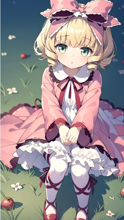 Blonde, Green eyes, masterpiece, best quality, <lyco:hina ichigo:0.8>, hina ichigo, Pink dress, White dress layer, (Bloomers:0.6)