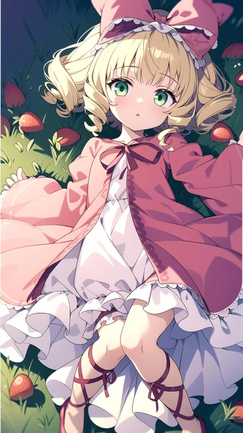 From above, (Night dark:1.2), Blonde, Green eyes, masterpiece, best quality, <lyco:hina ichigo:0.8>, hina ichigo, Pink dress, White dress layer, (Bloomers:0.6)