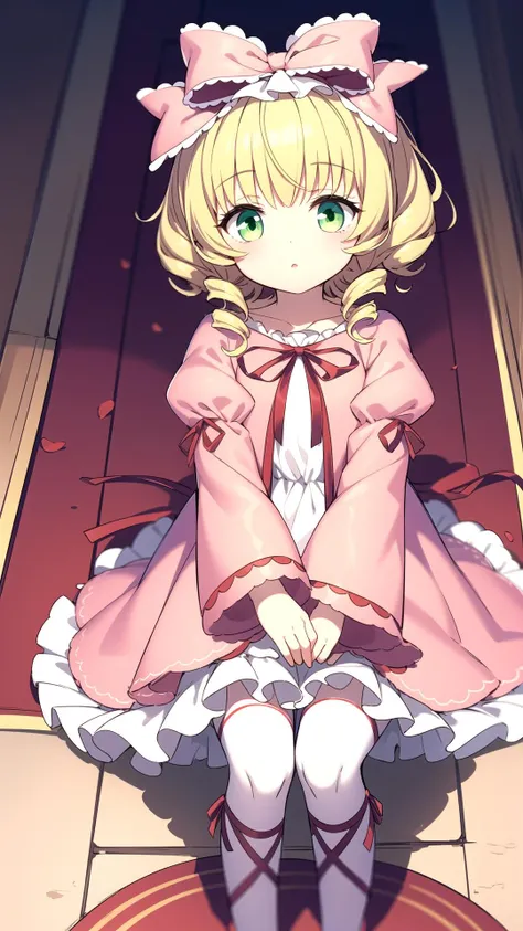 Room, Blonde, Green eyes, masterpiece, best quality, <lyco:hina ichigo:0.8>, hina ichigo, Pink dress, White dress layer, (Bloomers:0.6)