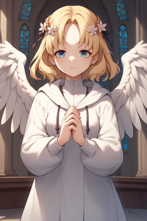 score_9, score_8_up, 1girl, solo,  <lora:ChamMariaCampbellPonyXL:1> MariaCampbell, medium hair, hair flower, hair ribbon, parted bangs, white robe, hoodie, angel wings, praying, church, hood