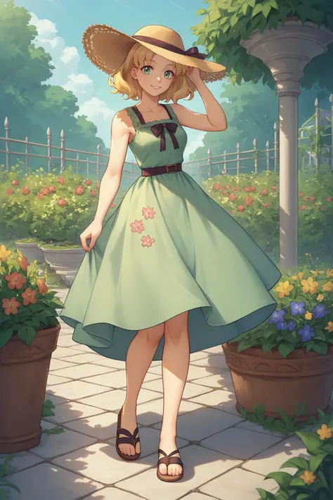 score_9, score_8_up, 1girl, solo,  <lora:ChamMariaCampbellPonyXL:1> MariaCampbell, green sundress, summer, casual dress, short dress, sleeveless, floral pattern, wide-brimmed hat, sunny day, sandals, garden, smiling, outdoors