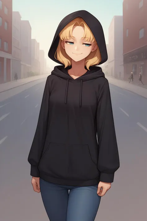 score_9, score_8_up, 1girl, solo,  <lora:ChamMariaCampbellPonyXL:0.8> MariaCampbell, black hoodie, (hood up:1.6), long sleeves, jeans, comfy, city, walking, slight smile, half closed eyes, street, smug