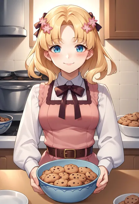 anime girl holding a bowl of cookies in a kitchen