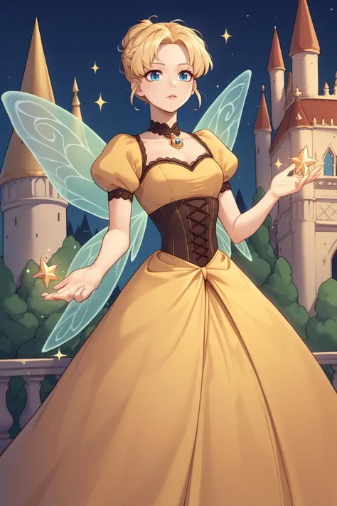 score_9, score_8_up, 1girl, solo,  <lora:ChamMariaCampbellPonyXL:1> MariaCampbell, ball gown, yellow dress, princess, long dress, puff sleeves, corset, lace, castle, elegant, magic, sparkles, fairy wings