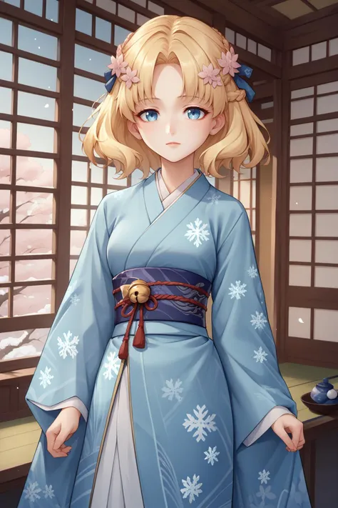 score_9, score_8_up, 1girl, solo,  <lora:ChamMariaCampbellPonyXL:1> MariaCampbell, medium hair, hair flower, hair ribbon, parted bangs, light blue kimono, traditional dress, Japanese clothing, long sleeves, sash, snowflake pattern, hair ornament, blossoms, indoors