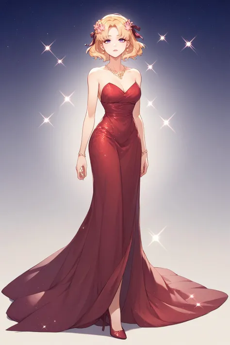score_9, score_8_up, 1girl, solo, <lora:ChamMariaCampbellPonyXL:1> MariaCampbell, medium hair, hair flower, hair ribbon, parted bangs, purple evening gown, formal dress, long dress, strapless, high heels, jewelry, luxury, elegant, flowing fabric, sparkles, night sky, red carpet