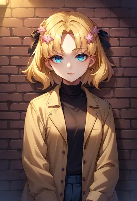 score_9, score_8_up, source_anime, 1girl, solo, MariaCampbell, medium hair, hair flower, hair ribbon, parted bangs, earrings, sharp eyes, choker, neon shirt, open jacket, turtleneck sweater, night, against wall, brick wall, graffiti, dim lighting, alley, looking at viewer, <lora:ChamMariaCampbellPonyXL:1>