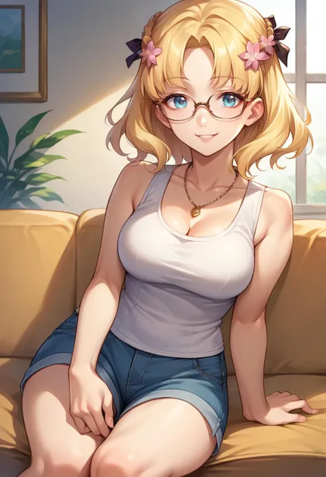 score_9, score_8_up, source_anime, 1girl, solo, MariaCampbell, medium hair, hair flower, hair ribbon, parted bangs, glasses, tank top, cleavage, necklace, sleeveless, shorts, smile, indoors, sitting, on couch, <lora:ChamMariaCampbellPonyXL:1>