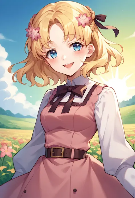 score_9, score_8_up, source_anime, 1girl, solo, MariaCampbell, medium hair, hair flower, hair ribbon, parted bangs, pink dress, white sleeves, long sleeves, bow, belt, outdoors, flower field, summer, sun, backlighting, smile, open mouth, blush, <lora:ChamMariaCampbellPonyXL:1>