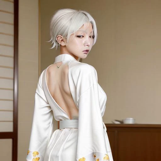 Master piece, highest quality, Sheena Ringo a woman from a virtous sect. The character looks like she is in her late teens. She is beautiful, petite, Flat chested and flexible. She has open, long, kempt, ice-white hair. Her Robe is perfectly white with a badge of an orchid, and the back of the robe is covered in an orchid pattern. Detailed face. The character is always serious.  <lora:SheenaRingo:1>