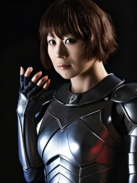 sheena ringo,brown hair,short hair,armor,looking at viewer,beautiful brown eyes,dark background,upper_body,vivid lighting,detailed,realistic,aura,light aura,<lora:RingoSheena:1>,