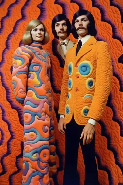 <lora:Victor Moscoso Style:1>Victor Moscoso Style - young husband and wife musical duo, felt embroidered fuzzy organic patterns quilted formal wear, 1977