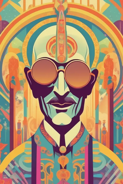<lora:Victor Moscoso Style:1>Victor Moscoso Style - pop art deco nouveau, flat 2d vector design, Bald dj high priest by Norman Saunders, lisa frank, James Gilleard and barry moser -