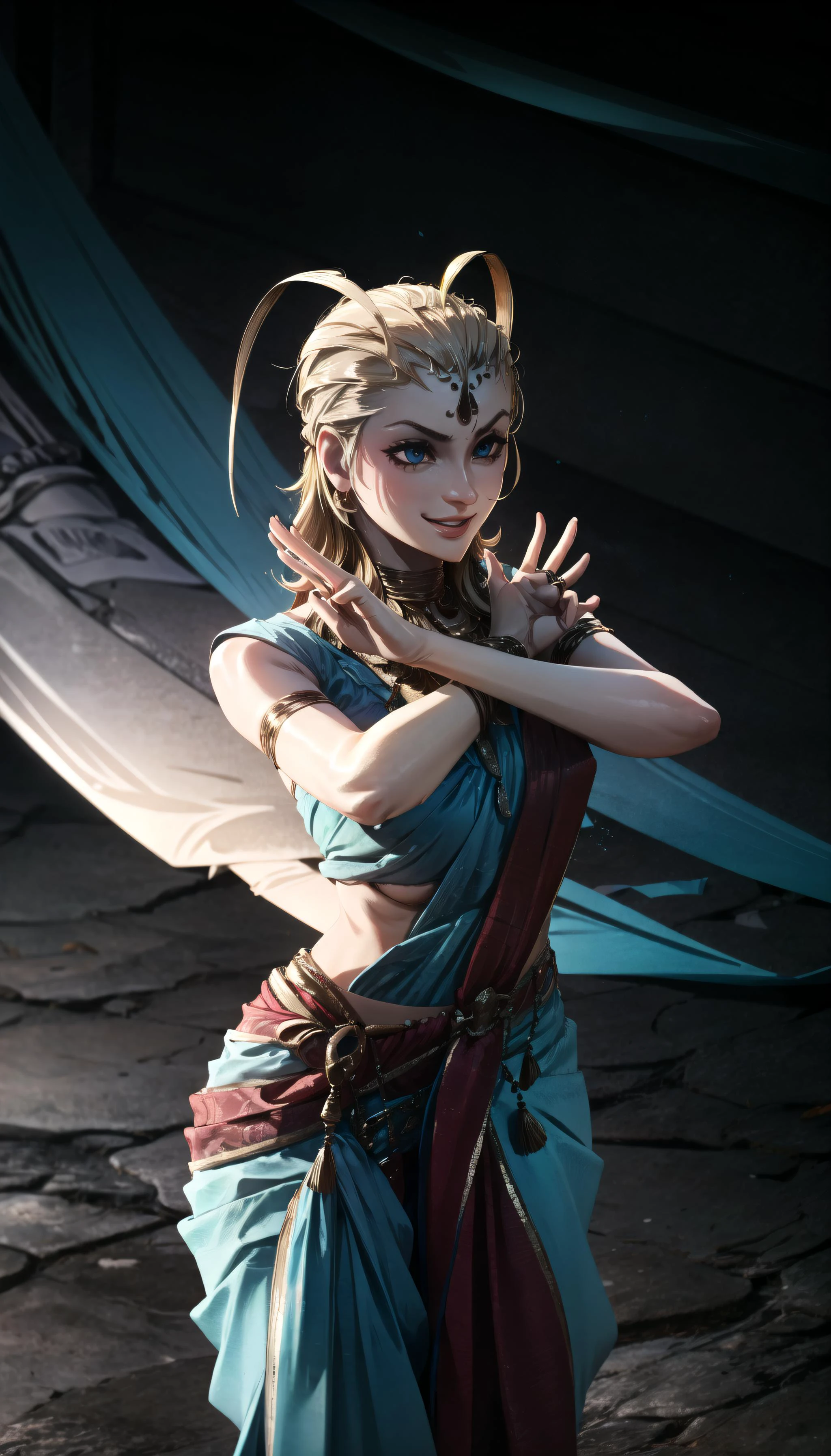 (cowboy shot), sfw, (masterpiece), (best quality:1.0), (ultra highres:1.0), detailed eyes
BREAK
<lora:Larxene-000007:0.7> Larxene, 1girl
<lora:indian_dance_dress-10:0.4> indian_dance_dress, \(colorful\) saree
<lora:GesuGao, sadistic smile:0.6> sadistic smile
<lora:x-arms:1> (x-arms:1.2)
BREAK
award show, gorgeous view