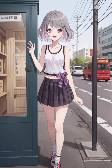 amazing intricate, solo, :d, walking, in a phone booth <lora:akari_tanikita:0.75> akari_tanikita, grey hair, purple eyes, short hair, (multicolored hair, colored inner hair:1.2), small breasts