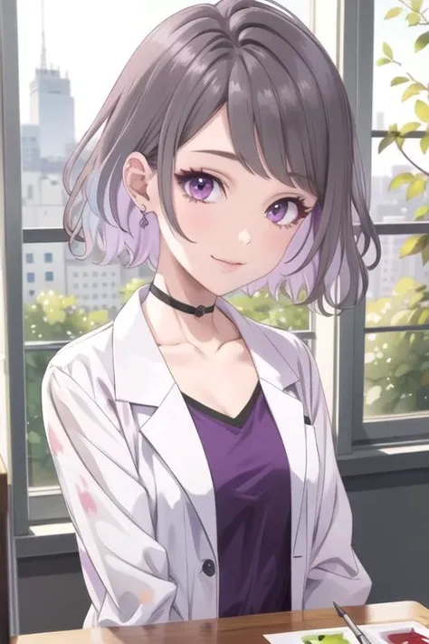 (best quality:1.1), (masterpiece:1.4), movie still, 1girl, solo, looking at viewer, upper body, , (watercolor illustration, soft pastel colors:1.1), , <lora:akari_tanikita:0.82>, akari_tanikita, grey hair, purple eyes, short hair, , , , , , hard science fiction, 32k resolution