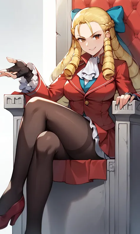 score_9, score_8_up, score_7_up, score_6_up, source_anime, BREAK masterpiece,   <lora:sfkarin-pdxl-nvwls-v1:0.8>, sfkarin, blonde hair, hair drill, hair bow, breasts, white ascot, red jacket, long sleeves, red skirt, frilled skirt, pantyhose, fingerless gloves, throne, sitting, castle, crossed, legs, upper body, smirk,  best possible quality