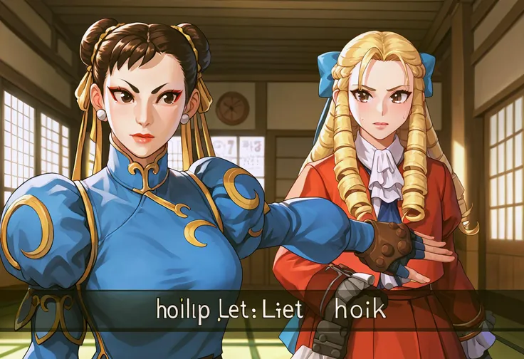 rating_safe, source_anime, score_9, score_8_up, score_7_up, score_6_up, 2girls, English text, dojo, inside, <lora:LethimcookMeme_XLPD:0.5> IncrsCook, BREAK <lora:chunliSDXL:1> chunliSDXL chun-li, BREAK <lora:sfkarin-pdxl-nvwls-v1:1> sfkarin, blonde hair, drill hair, hair bow, white ascot, red jacket, long sleeves, red skirt, frilled skirt, pantyhose, fingerless gloves
ULTIMATE SD UPSCALED