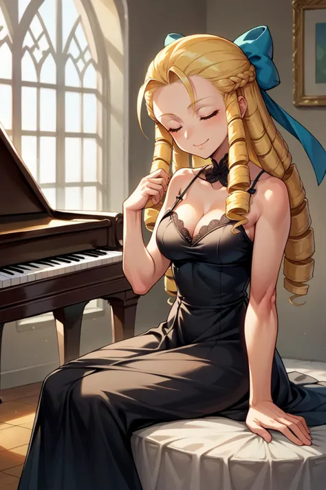 score_9, score_8_up, score_7_up, score_6_up, source_anime, BREAK 1girl, solo <lora:sfkarin-pdxl-nvwls-v1-000006:1> sfkarin, blonde hair, drill hair, hair bow, black dress, ballgown, spaghetti straps, sitting, piano, closed eyes, smile, mansion