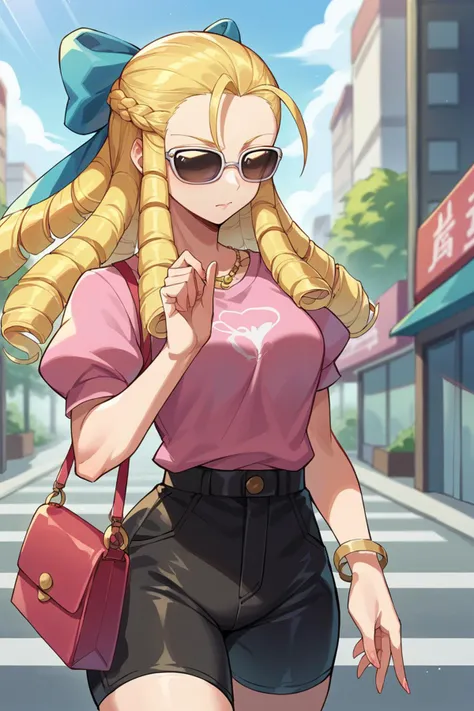 score_9, score_8_up, score_7_up, score_6_up, source_anime, BREAK 1girl, solo <lora:sfkarin-pdxl-nvwls-v1-000006:1> sfkarin, blonde hair, drill hair, hair bow, pink t-shirt, sunglasses, black shorts, handbag, city street