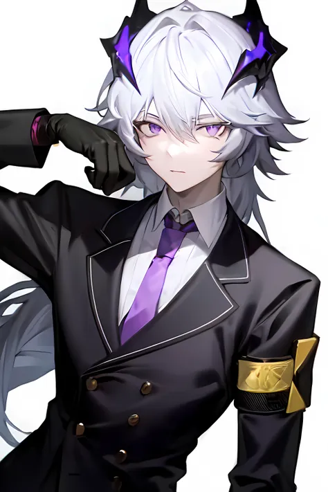 masterpiece, best quality, 1boy, armband, black_background, black_gloves, gloves, male_focus, necktie, purple_eyes, shirt, simple_background, solo, upper_body, white_hair